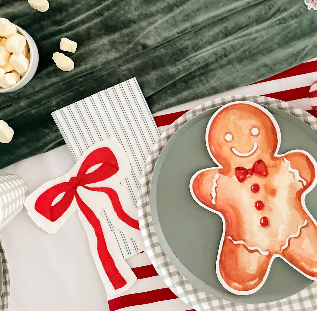 christmas, gingerbread, green farmhouse gingham, red bow