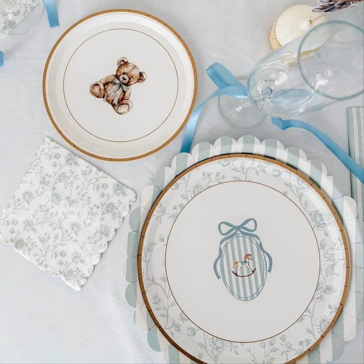 Baby Blue Floral Toile Scalloped Cocktail Napkins, 12pcs - Josi James - Small Napkins