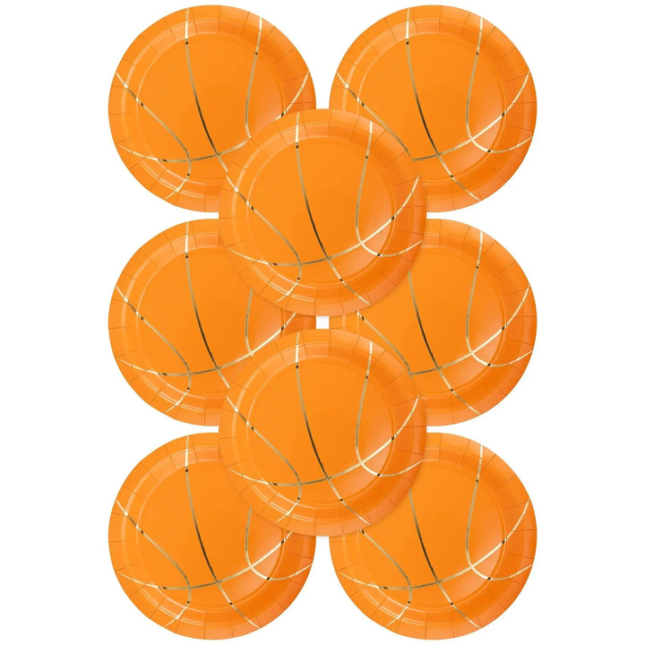 Basketball Shaped Paper Plates – 9" Sports Party Plates with Gold Foil (8ct) - Josi James - 9 Inch Plate
