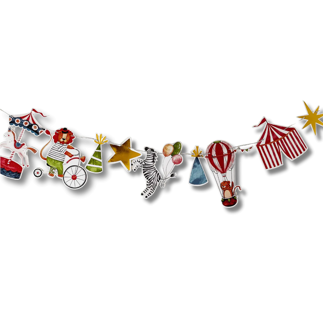 Carnival party banner with carousel, tent, and cute animals – 8 ft garland