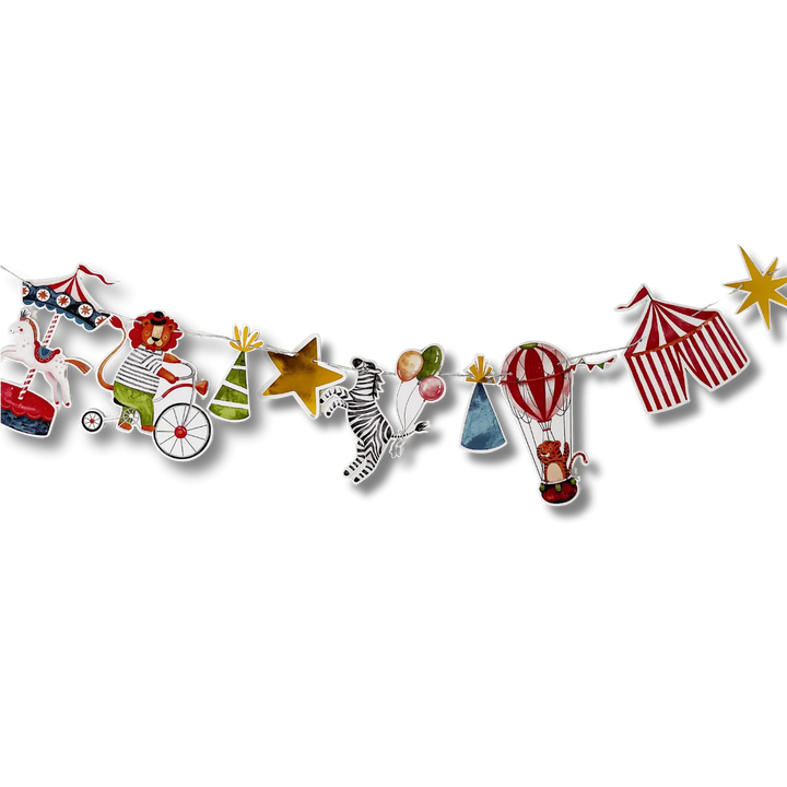 Carnival party banner with carousel, tent, and cute animals – 8 ft garland