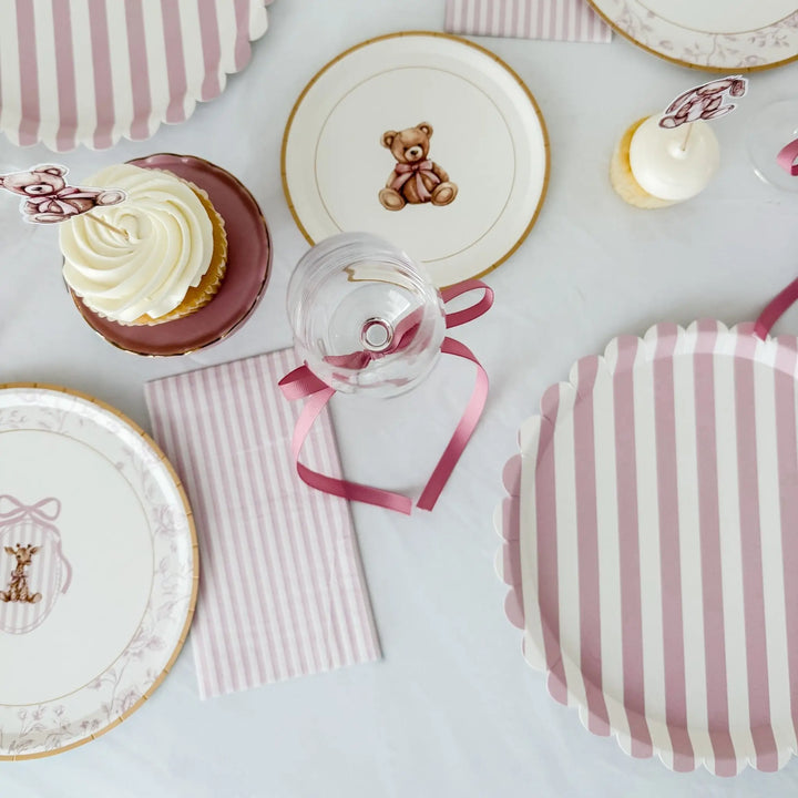 Classic Striped Pink Scalloped Dinner Plate, 12pcs - Josi James - 10.5 Inch Plate