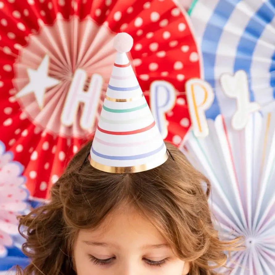 Colorful Party Hats with Gold Foil – Whimsical Birthday Hats for Kids & Adults (8ct) My Minds Eye