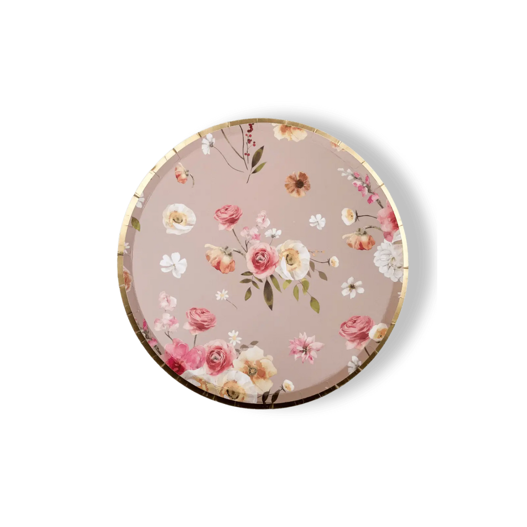 Floral Beige Paper Dessert Plate, (8pcs) - Josi James - 7 Inch Plate