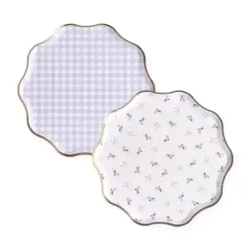 Coastal Pretty dessert plates in blue gingham and floral patterns