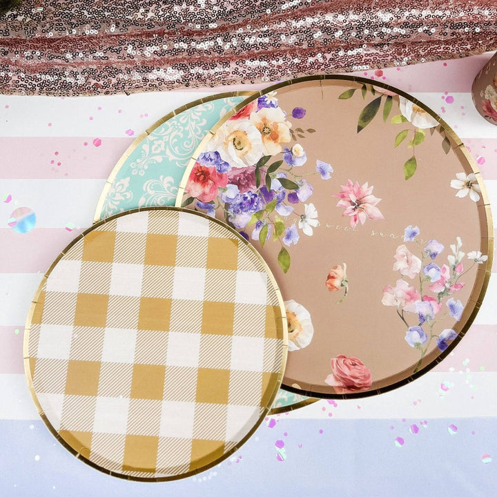 Gold Matte Plaid Paper Dessert Plate (8pcs) - Josi James - 9 Inch Plate