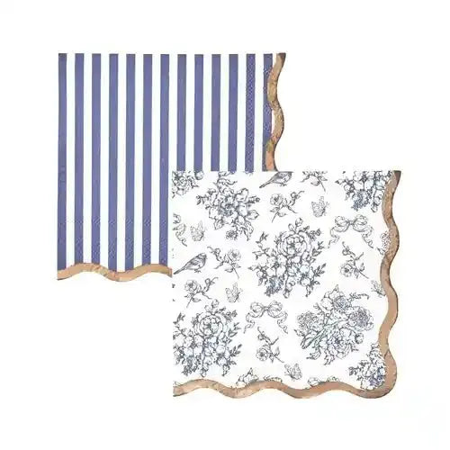 “Hamptons Toile cocktail napkins with blue toile and stripe patterns”