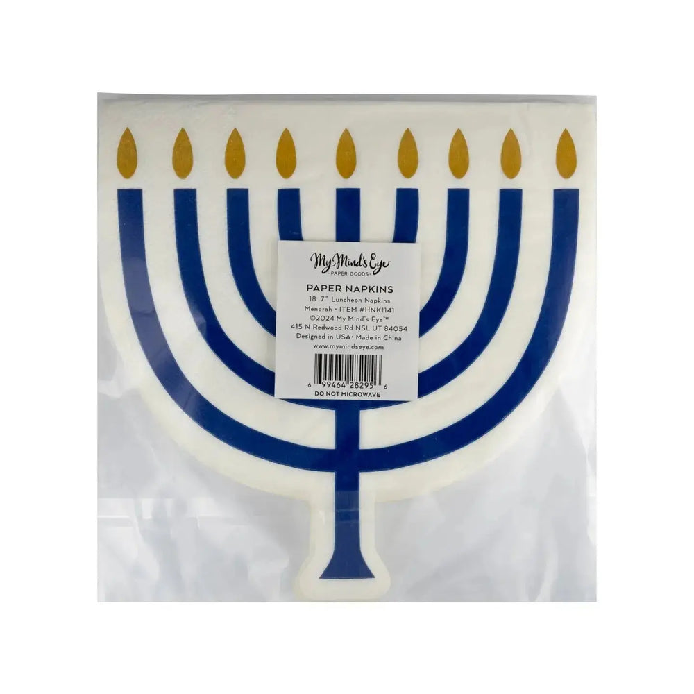 Hanukkah Menorah Shaped Luncheon Napkins – 7" Gold Foil (18ct) - Josi James - Die Cut Napkin