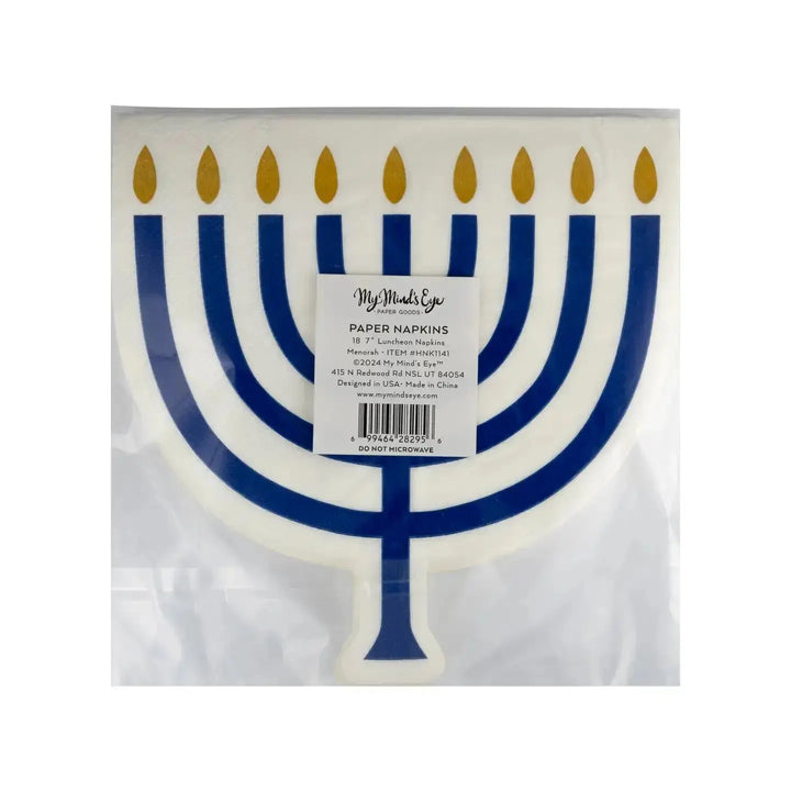 Hanukkah Menorah Shaped Luncheon Napkins – 7" Gold Foil (18ct) - Josi James - Die Cut Napkin