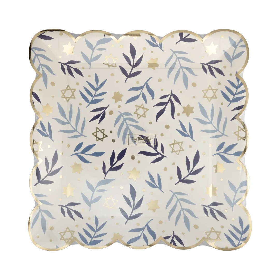 Hanukkah Stars & Branches Scalloped Square Plate – 10" Gold Foil (8ct) - Josi James - 10 Inch Plate