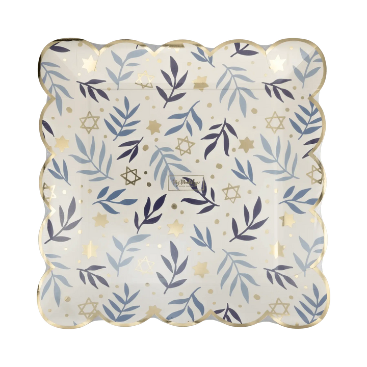 Hanukkah Stars & Branches Scalloped Square Plate – 10" Gold Foil (8ct) - Josi James - 10 Inch Plate