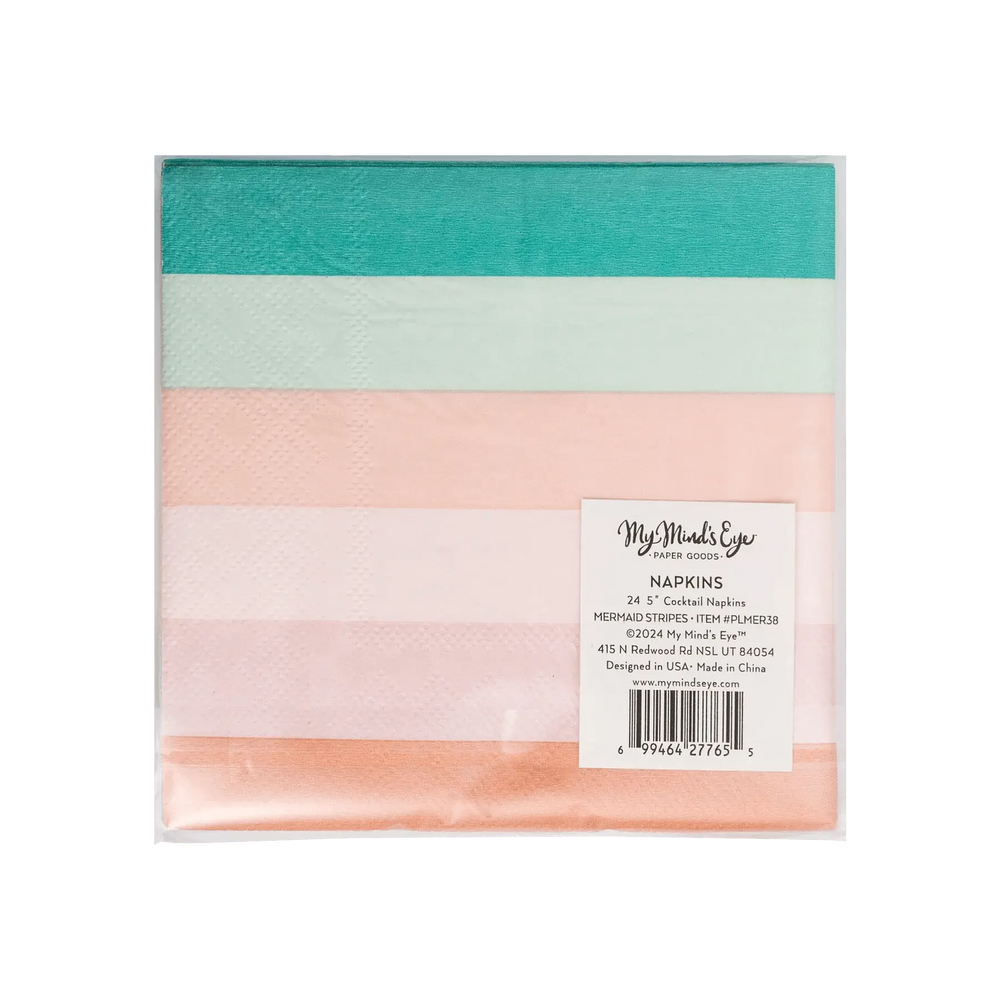 Mermaid Striped Cocktail Napkins – Under the Sea Party Decor (24pcs) - Josi James - Small Napkins