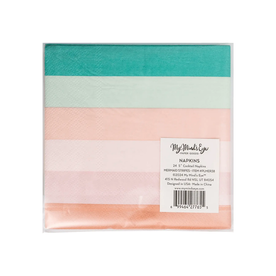 Mermaid Striped Cocktail Napkins – Under the Sea Party Decor (24pcs) - Josi James - Small Napkins