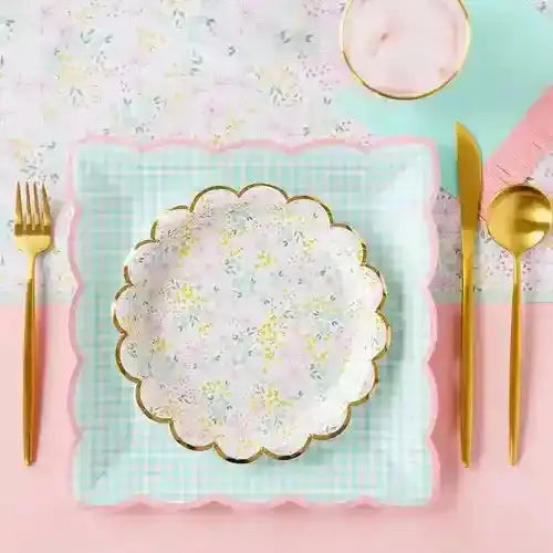 Pastel Floral Spring Dessert Plates – 7" Scalloped with Gold Foil (8pcs) - Josi James - 7 Inch Plate