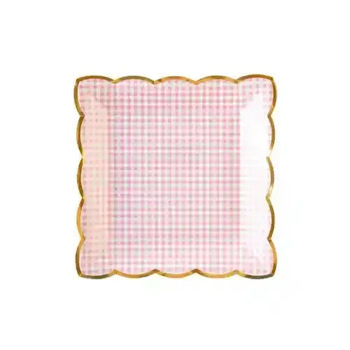 Pink Gingham Easter Dinner Plates – Scalloped 9" Gold Foil - Josi James - 9 Inch Plate