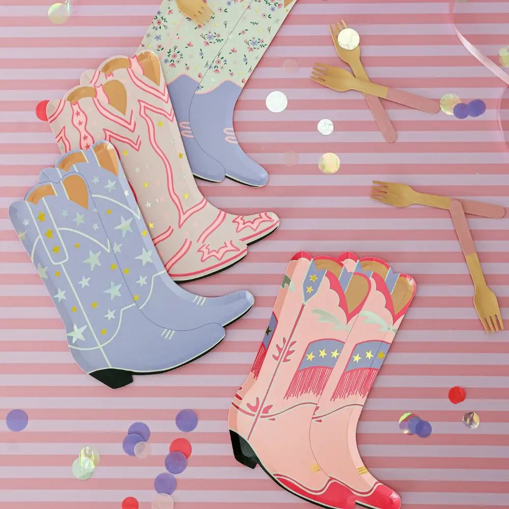 Pink & Purple Cowgirl Boot Shaped Plates, 8pcs - Josi James - Die Cut Plate