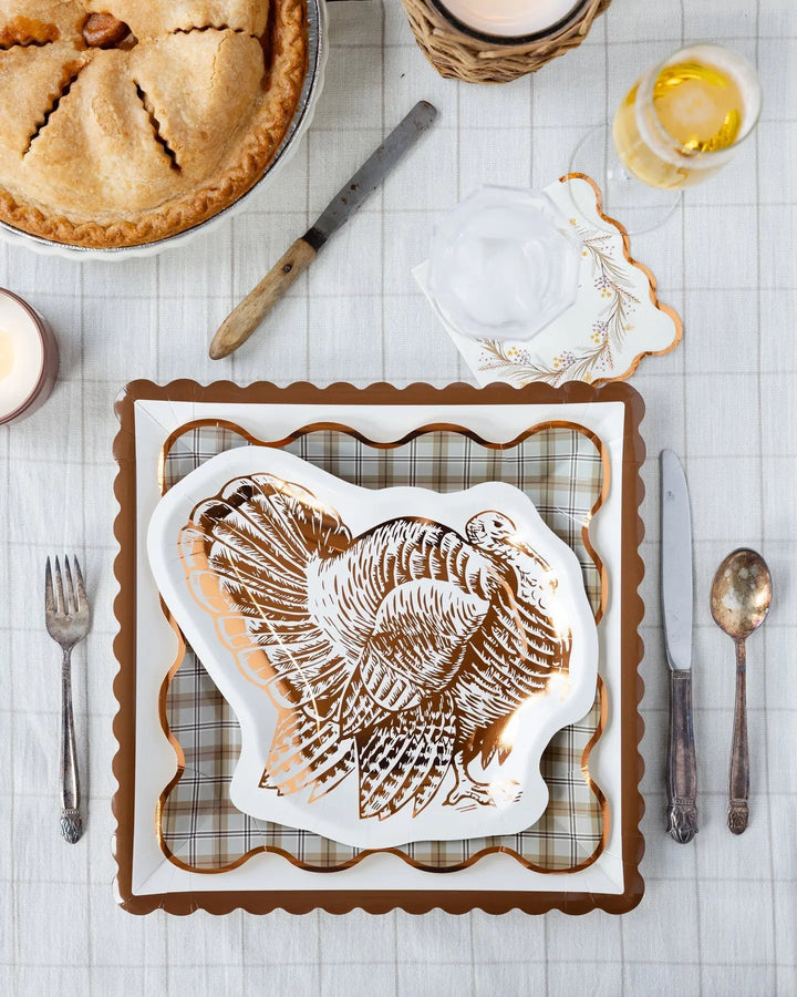 Plaid Square Paper Plates – 10" Copper Foil Fall Party Plates (8pcs) - Josi James - 10 Inch Plate