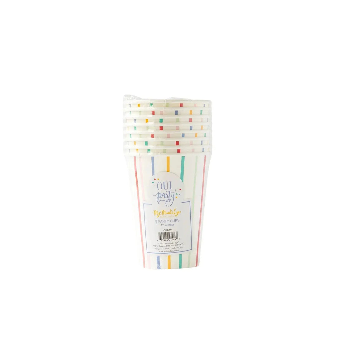 Striped Birthday Paper Cups – 12oz Colorful Party Cups for Kids or Adult Celebrations (8ct) - Josi James - Cups