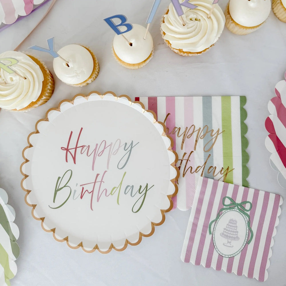 Striped Scalloped Happy Birthday Plate, 12pcs - Josi James - Large Napkins