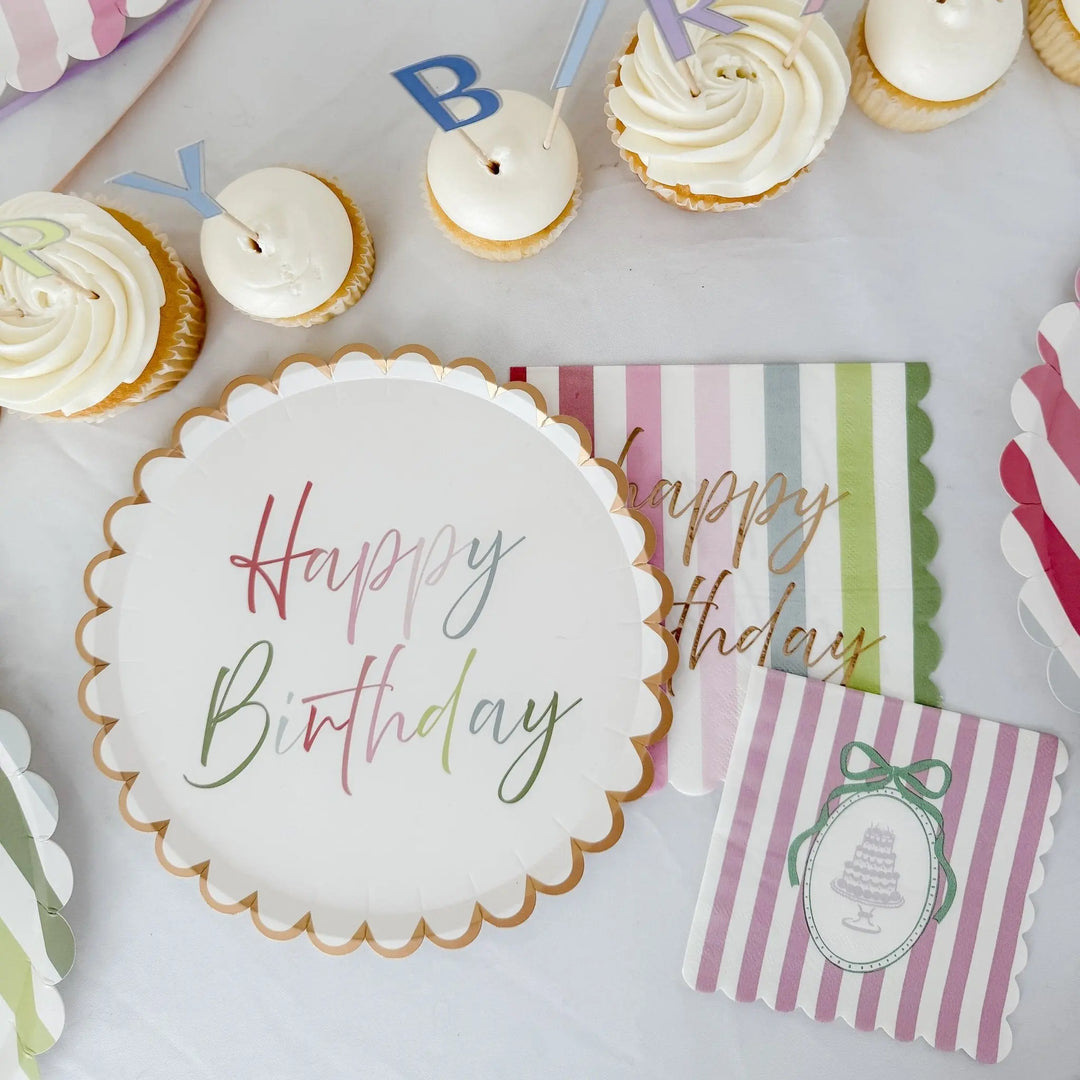 Striped Scalloped Happy Birthday Plate, 12pcs - Josi James - Large Napkins